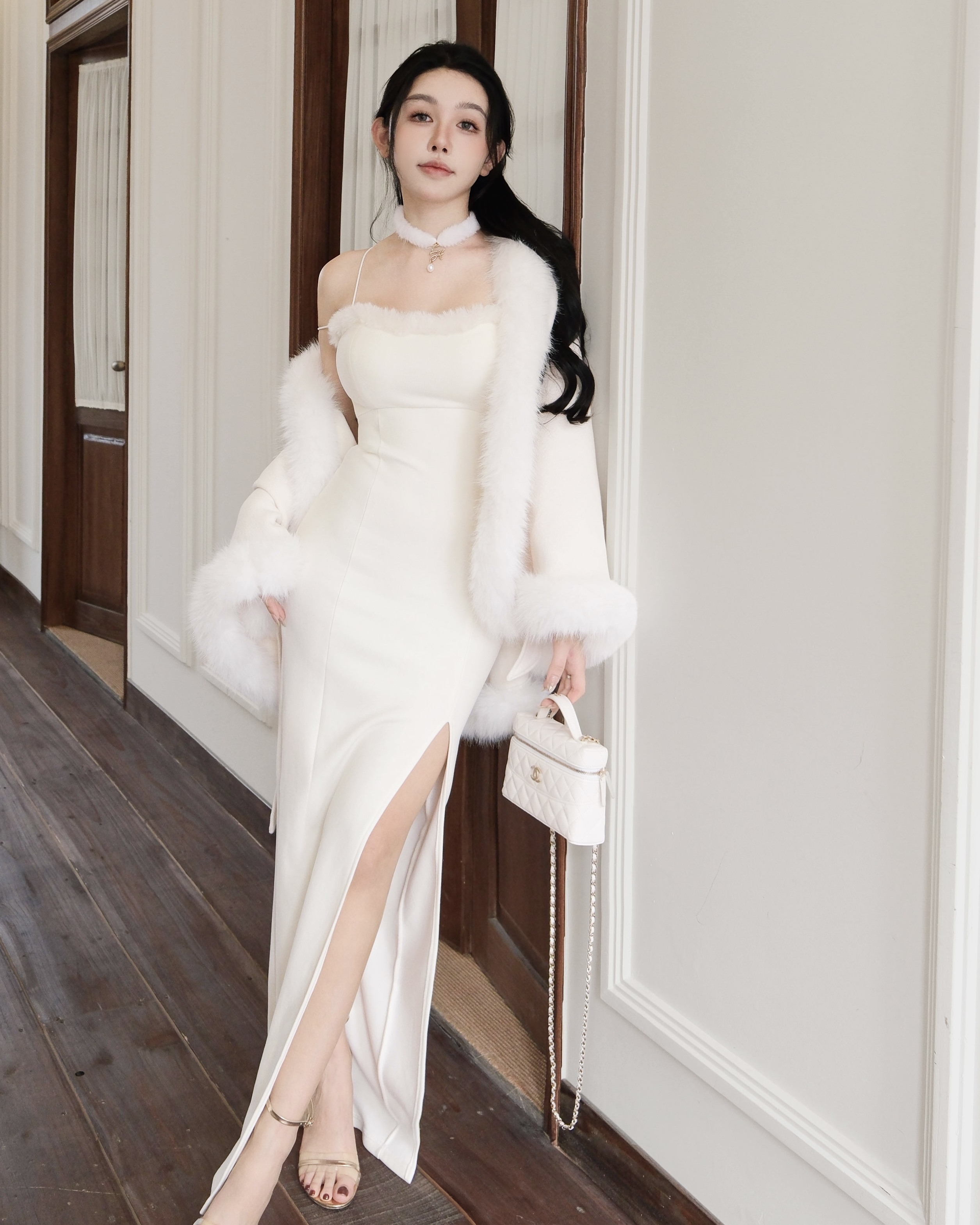 訂製-性感毛領桃心合身長洋