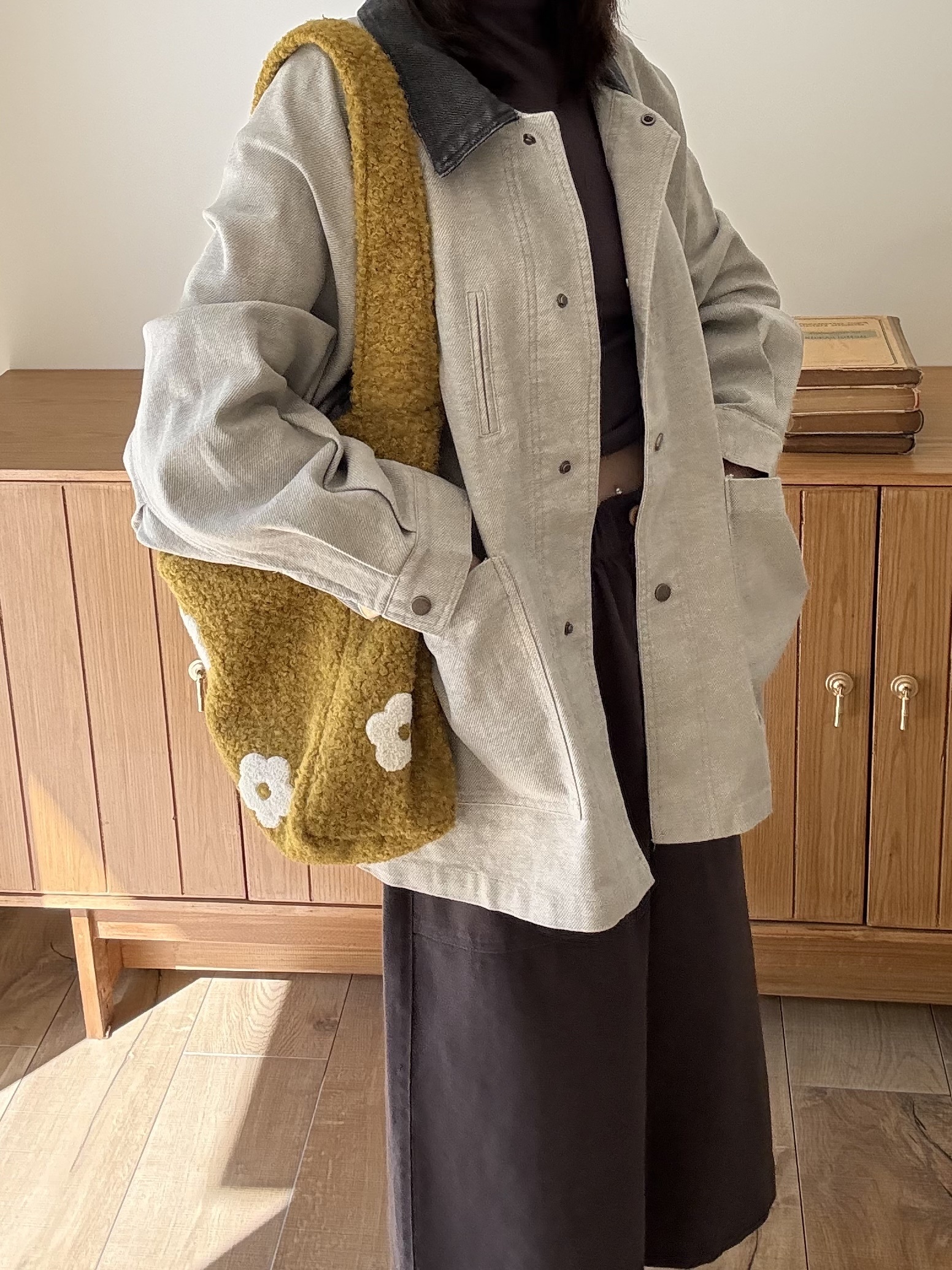 撞色領水洗寬鬆外套