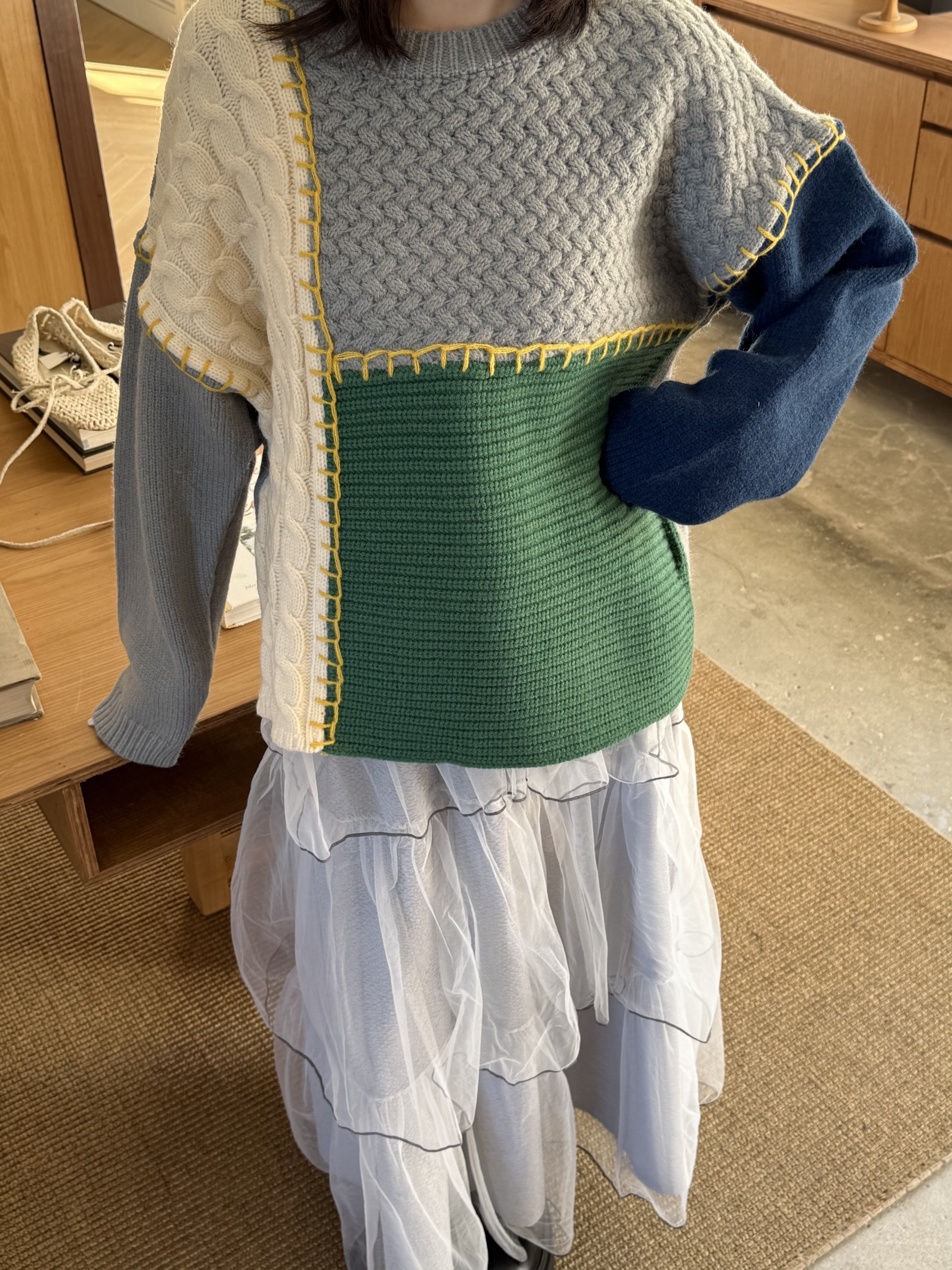 大版拼接撞色毛衣