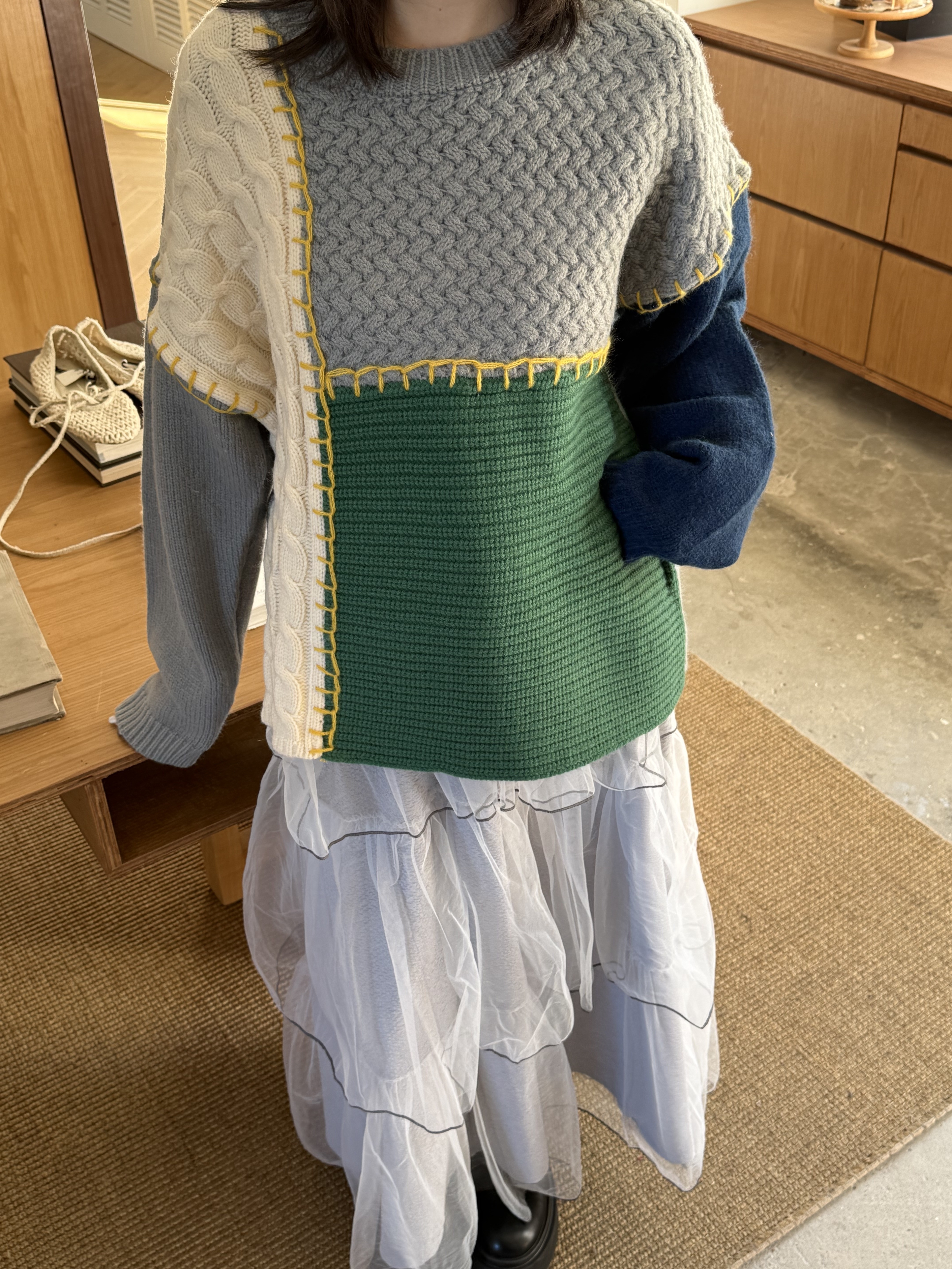 大版拼接撞色毛衣