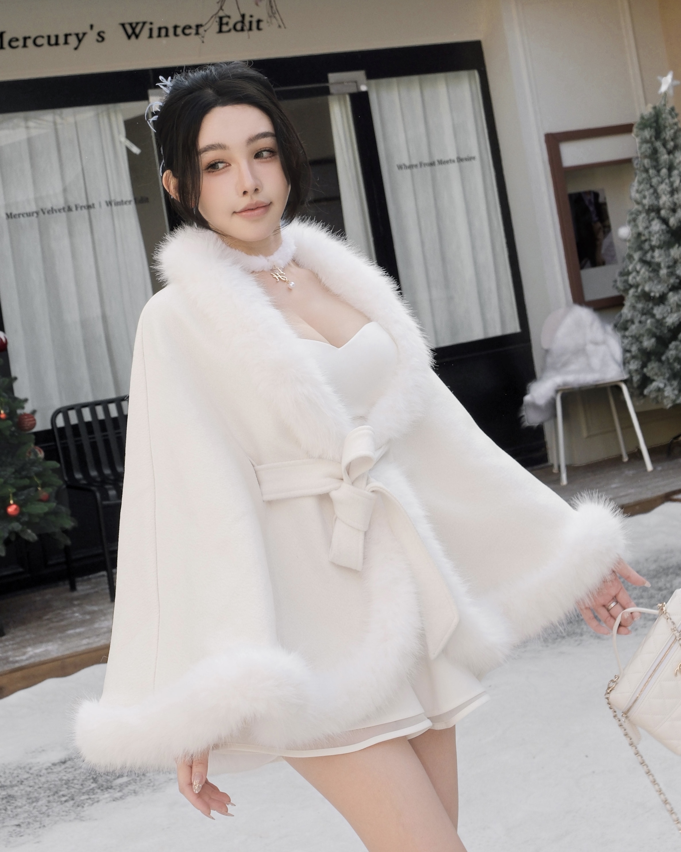 訂製-名媛毛領刷毛斗篷外套