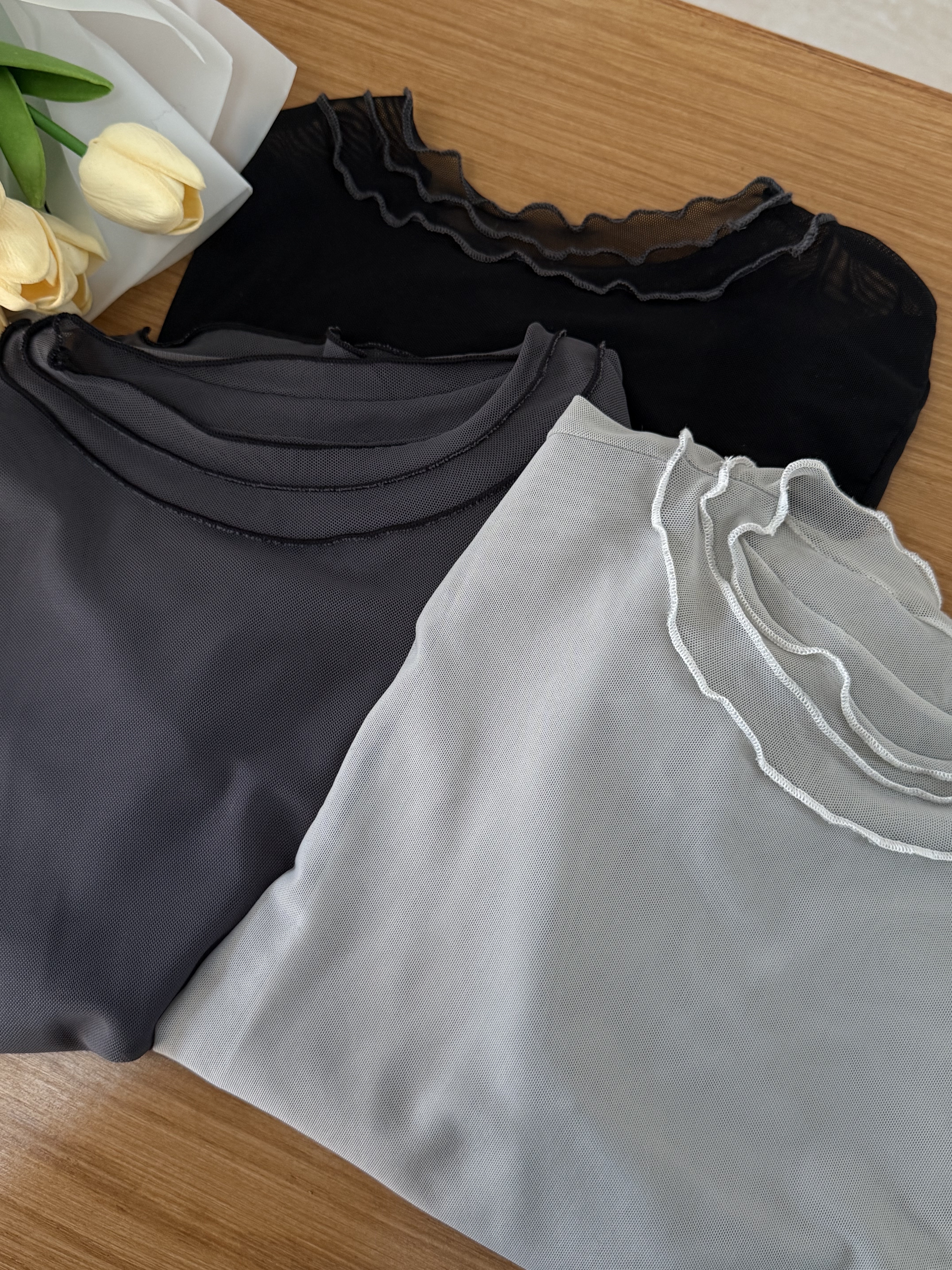 雙層撞色滾邊透膚打底上衣