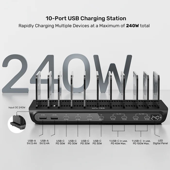 Unitek uCharge 240W 10端口USB智能充電站 P1230CBK01-UK