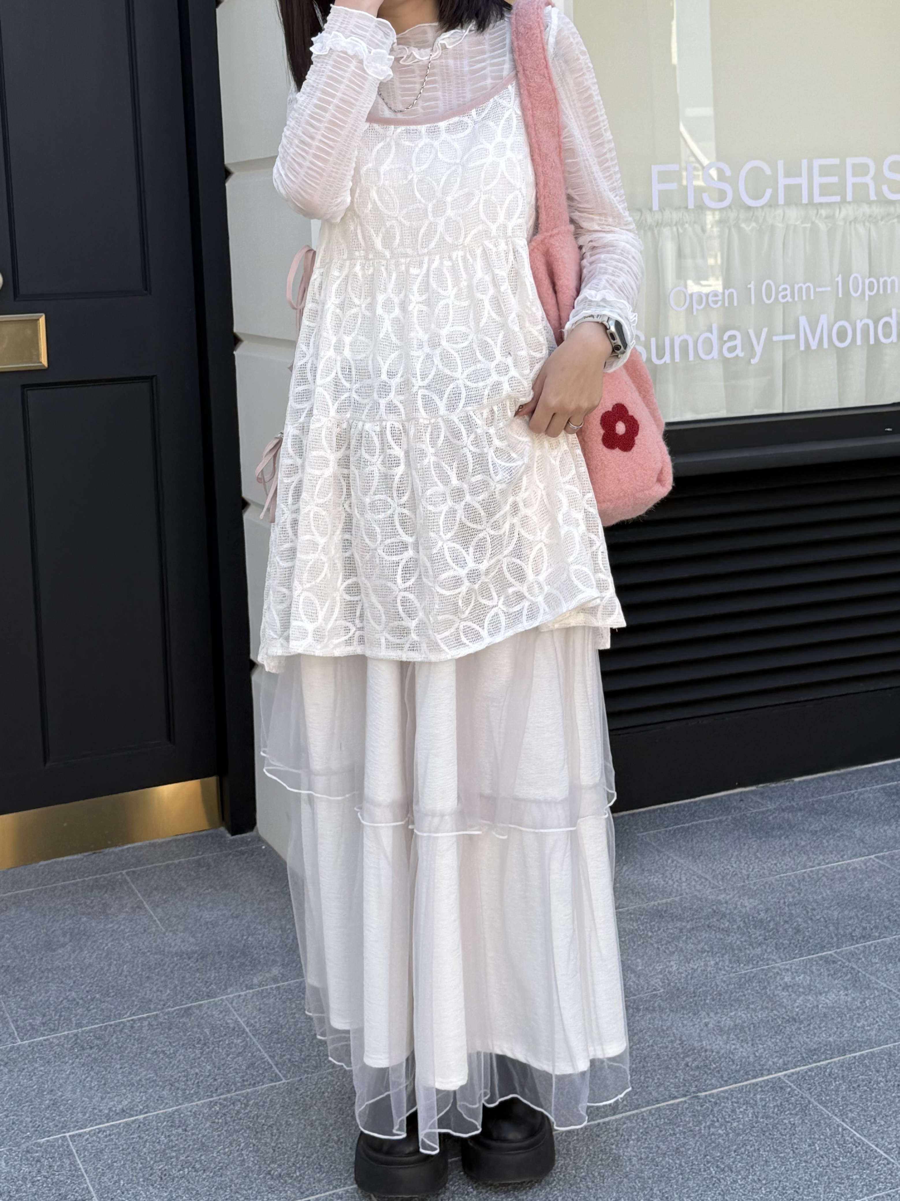 長版側邊綁帶花花撞色滾邊背心