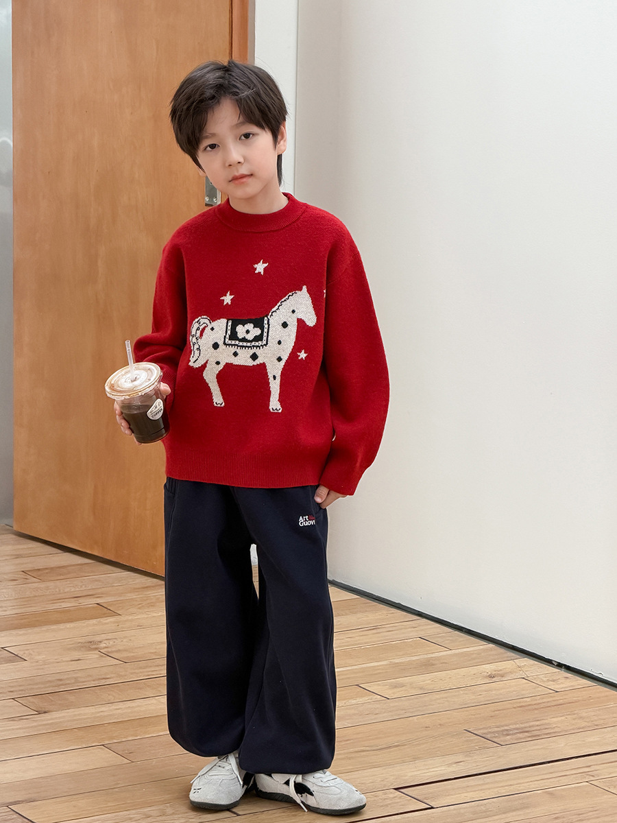 【H0197】男女寶迎新年小馬針織毛衣(90-160)