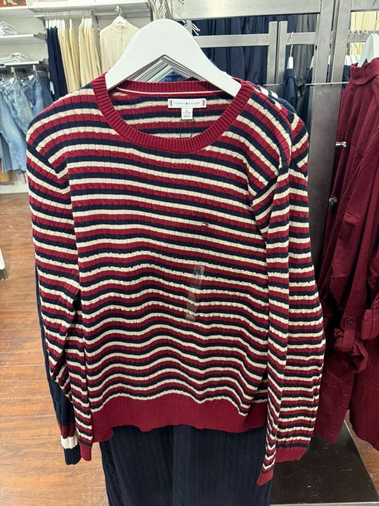 [U] TOMMY HILFIGER ROUGE WOMEN'S STRIPED CABLE-KNIT SWEATER, XW06062-600 (UTH168)