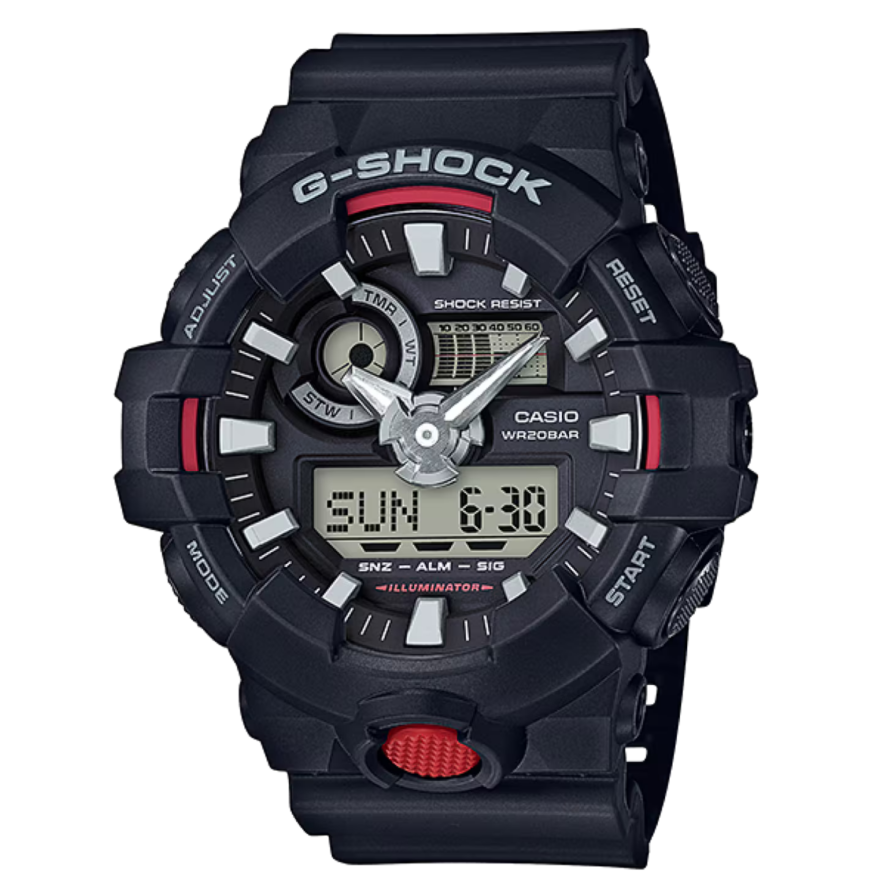 【CASIO 卡西歐】 G-SHOCK  大錶殼酷炫設計 設計大膽奪目 世界時間多功能耐衝擊數位雙顯 雙顯手錶 GA-700-1A