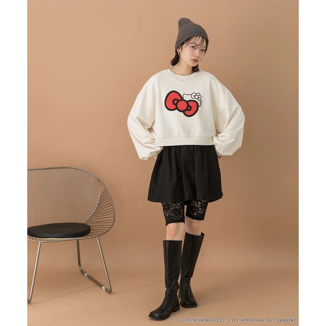 26034-KT Sanrio Hello Kitty 大蝴蝶結短版過頭笠衛衣 象牙色 #JP-MGS26