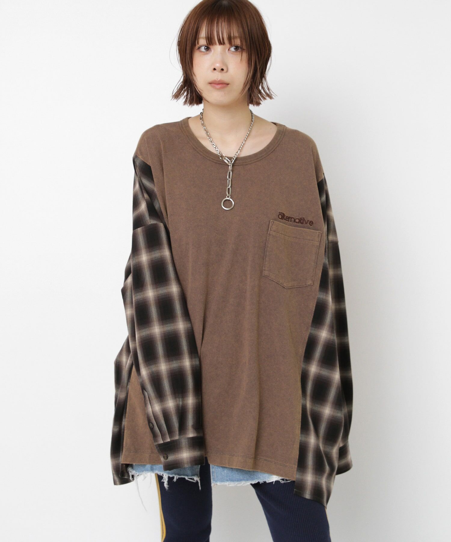 渲染咖格紋拼接上衣