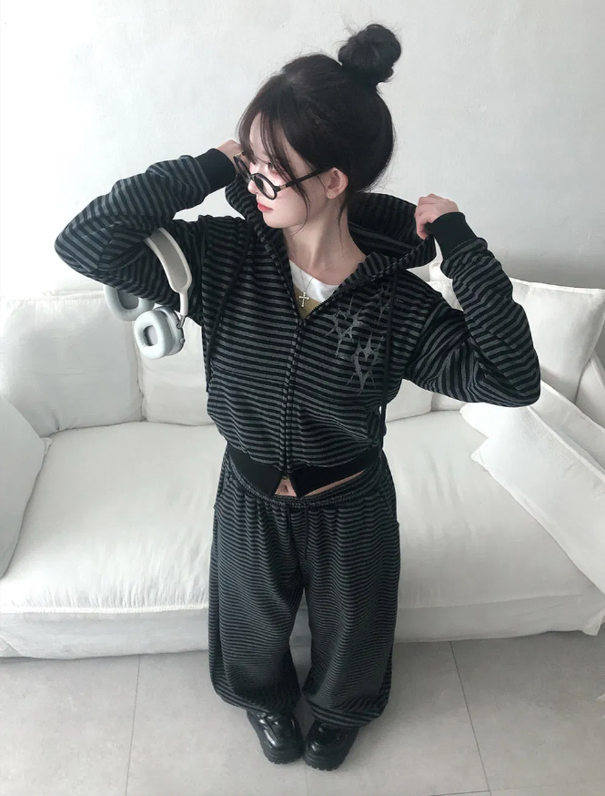 春季預訂｜條紋雙向連帽拉鍊運動衫 + 寬版訓練褲SET