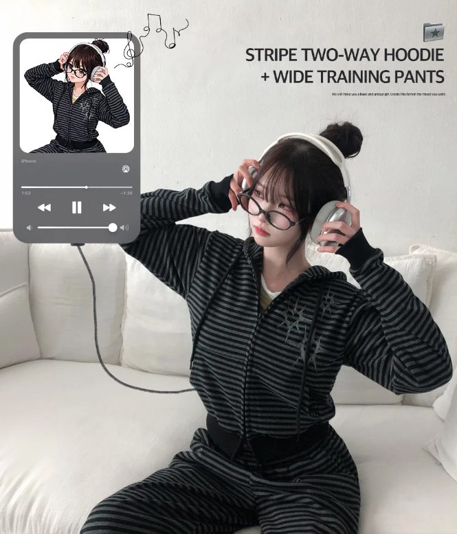 春季預訂｜條紋雙向連帽拉鍊運動衫 + 寬版訓練褲SET