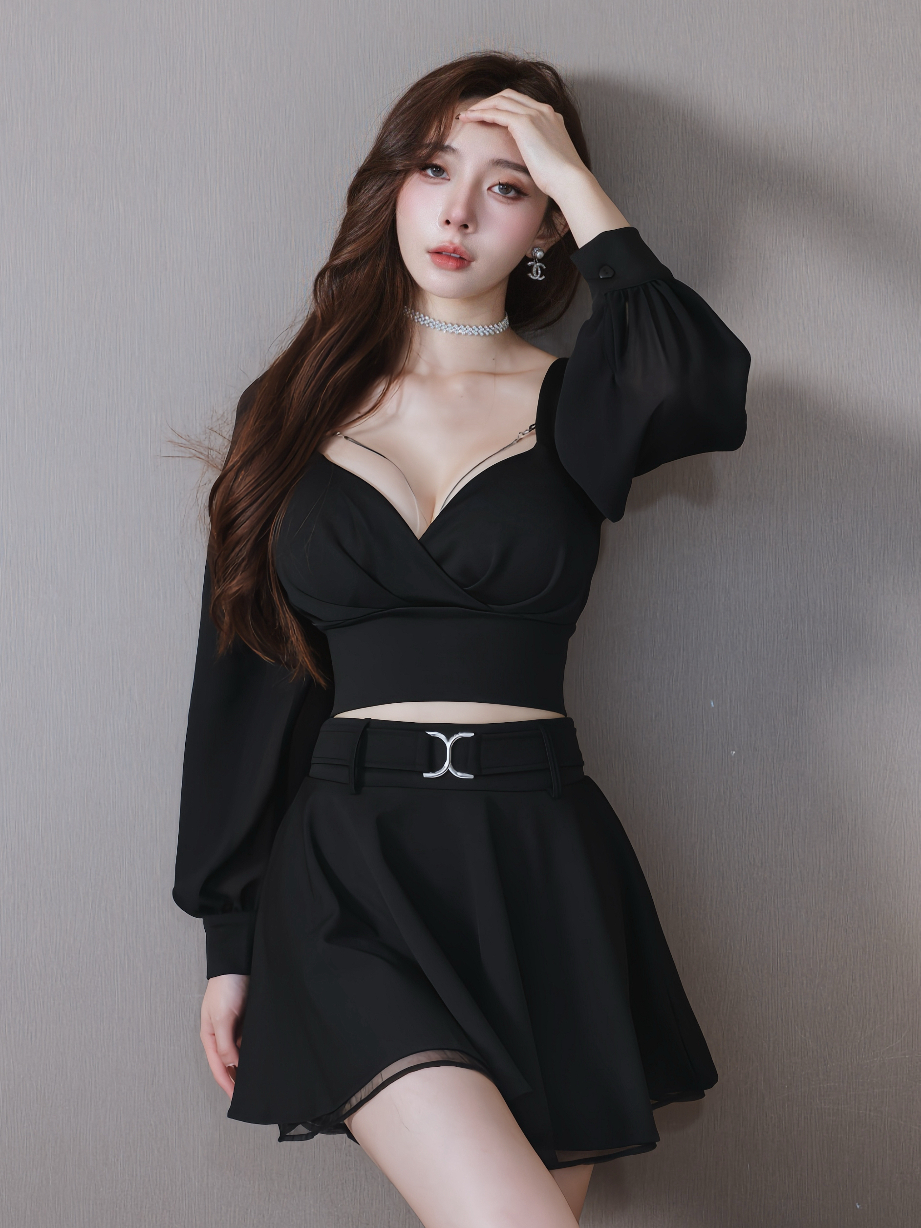 🤍銀鍊深V上衣+腰帶傘裙兩件式（黑色均碼）