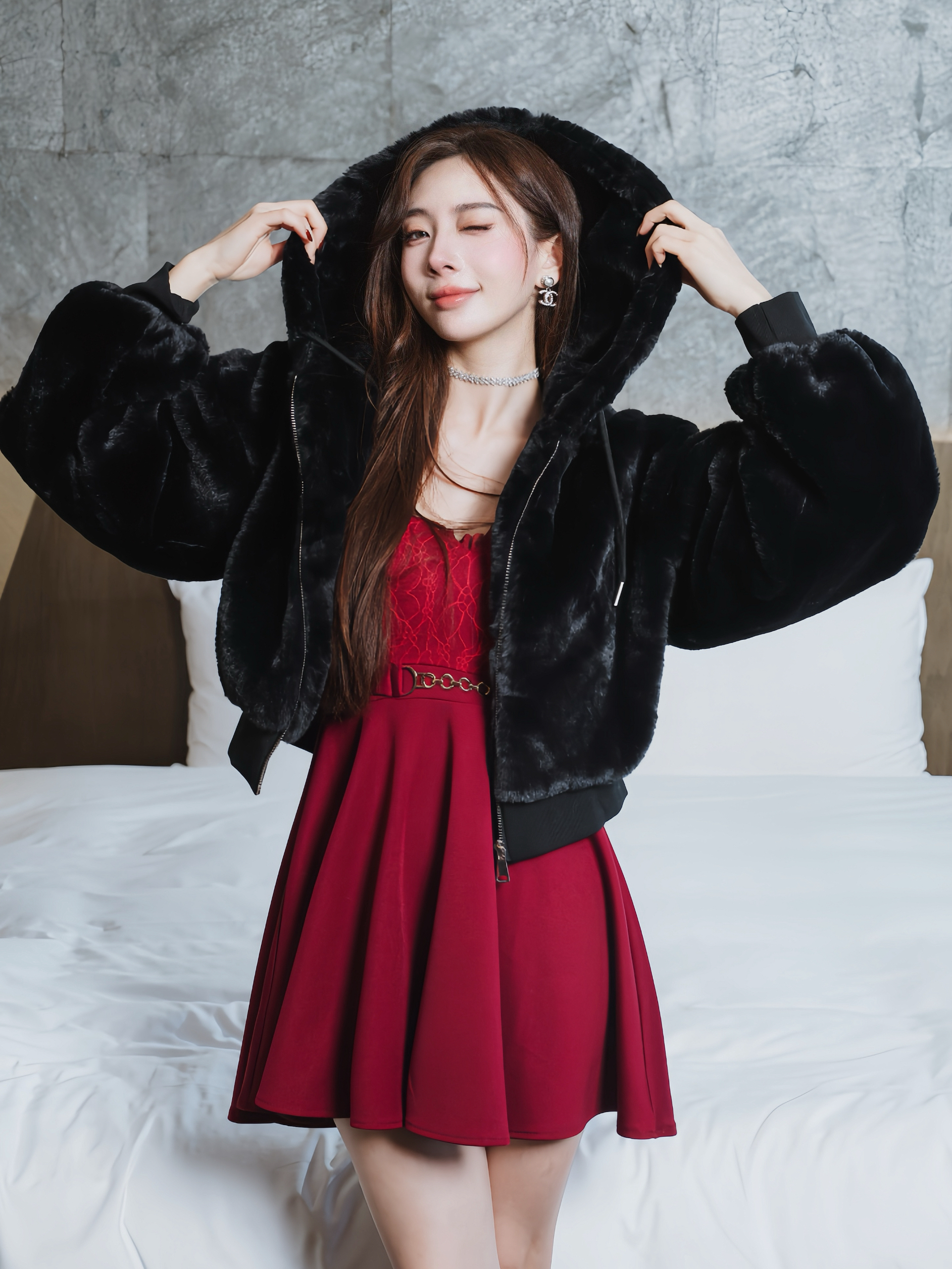 🤍時尚毛毛抽繩連帽外套（黑色均碼）