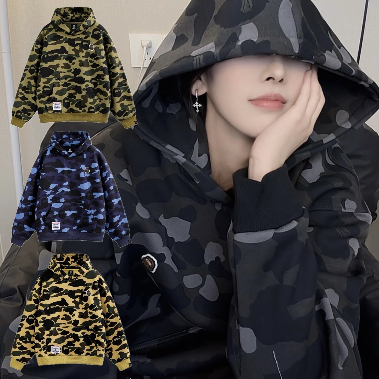 香港 Fingercroxx FGXX  BAPE A BATHING APE 猿人頭 藍狼 黃綠迷彩 帽T 連帽上衣