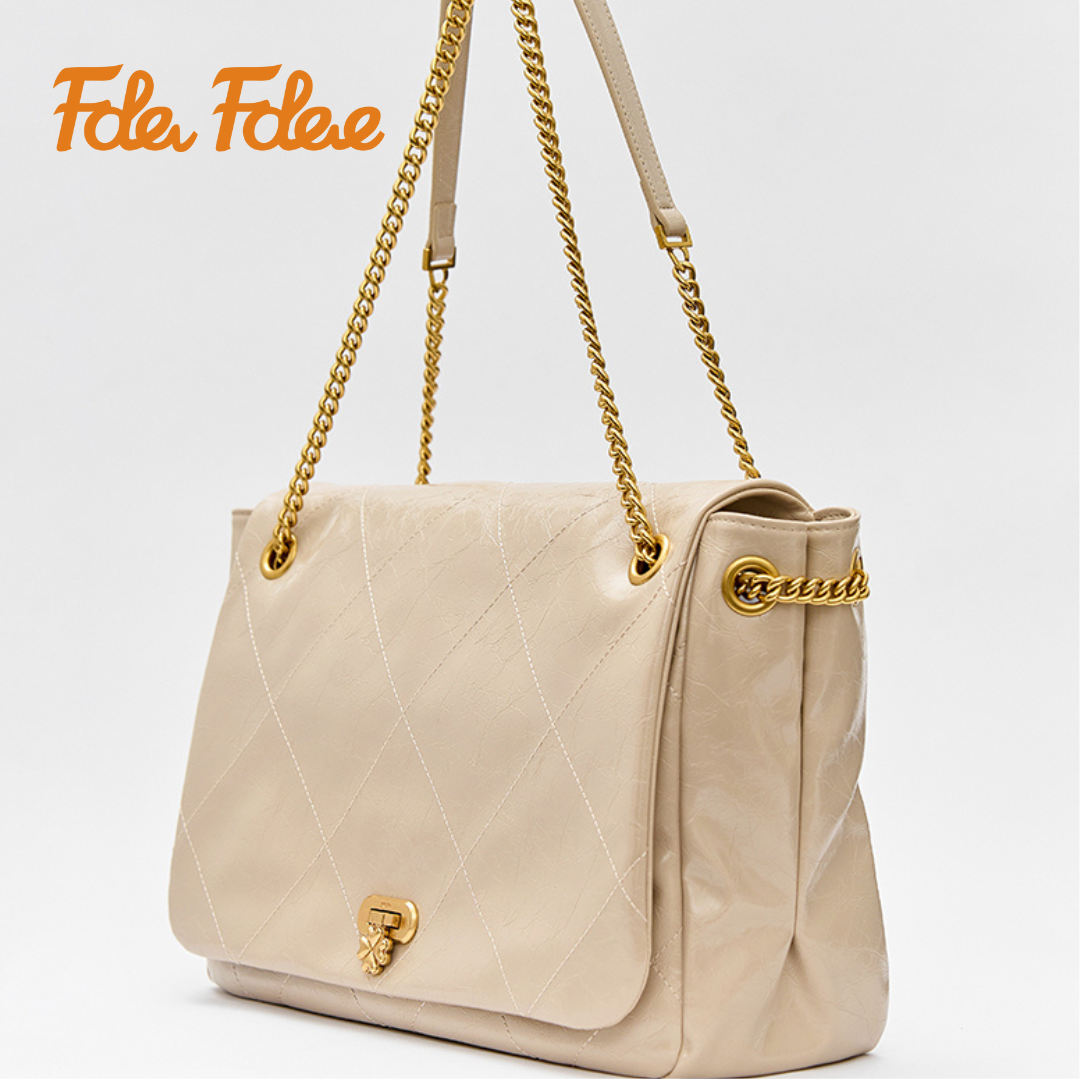 【Folli Follie 芙麗芙麗】時尚 牛皮 菱格皺褶 鏈帶 兩用包 側背包 手提 肩背