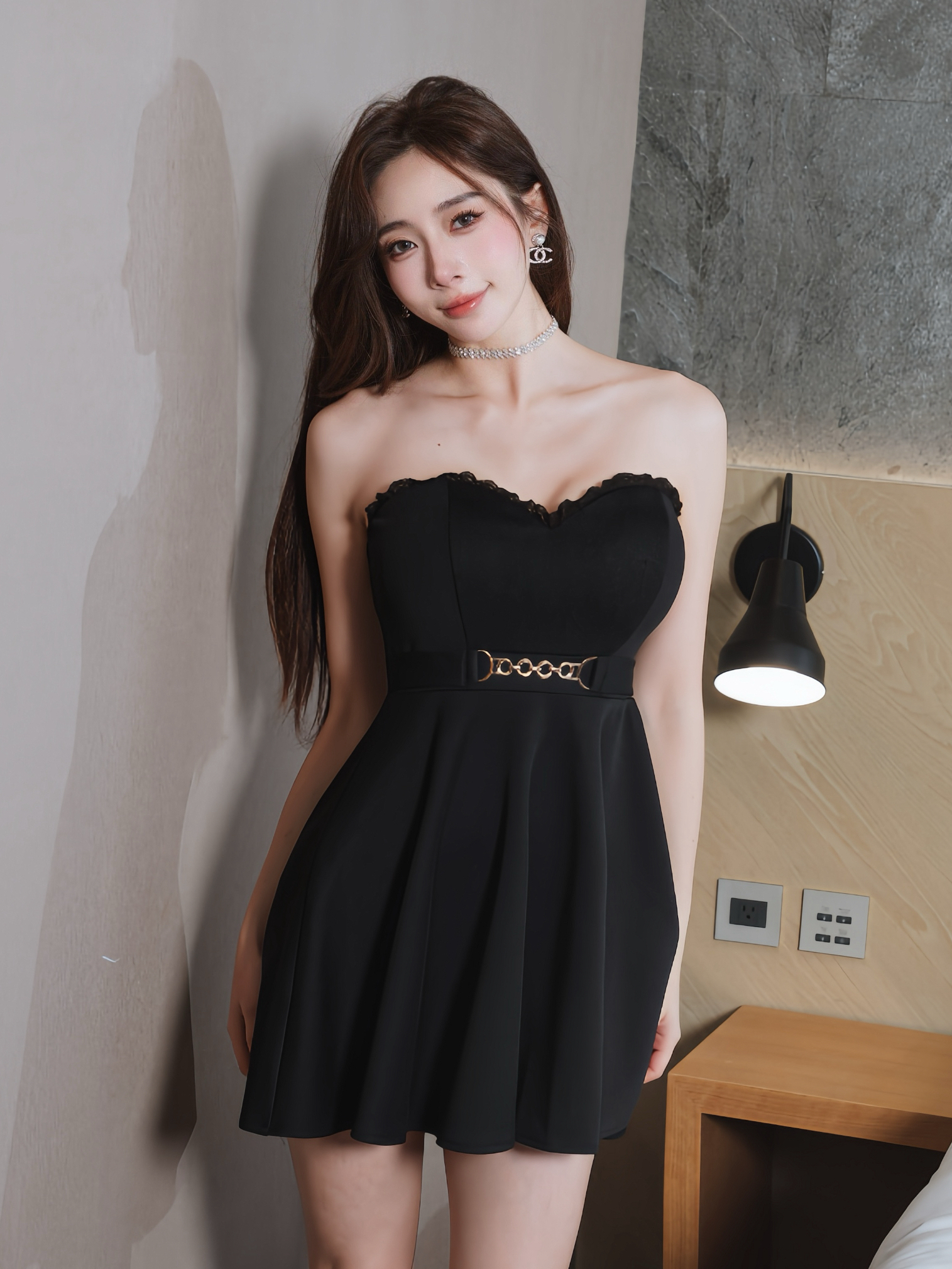 🤍腰鍊平口蕾絲傘擺洋裝(黑色均碼）