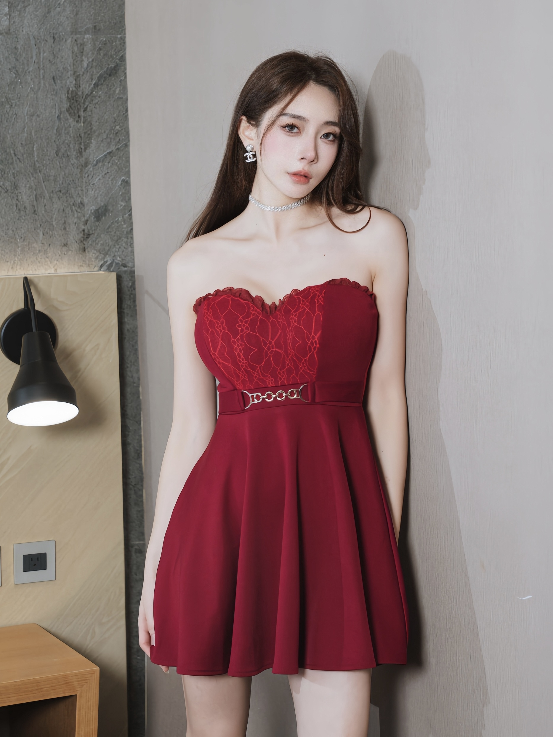 🤍腰鍊平口蕾絲傘擺洋裝(酒紅色均碼）