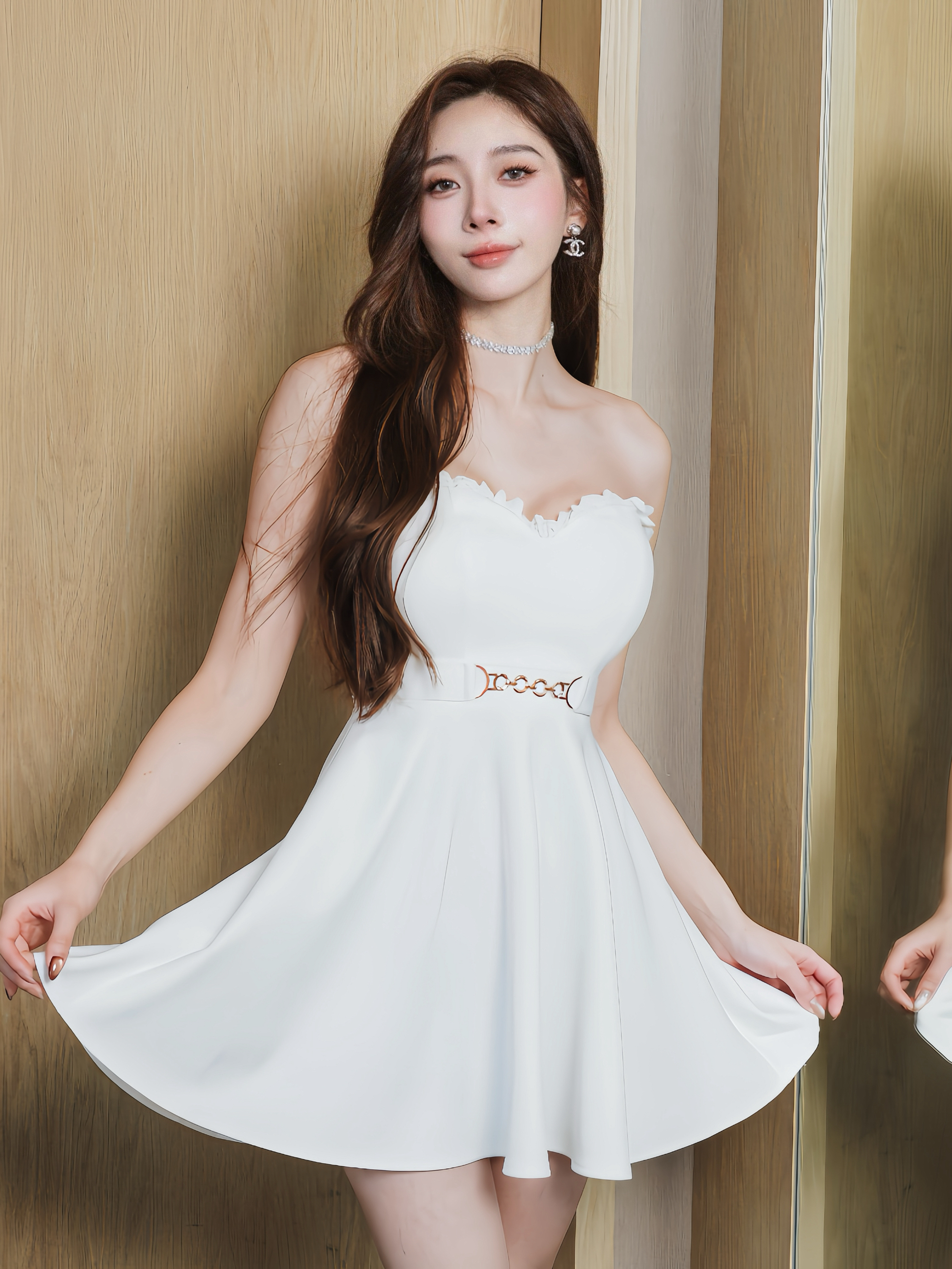 🤍腰鍊平口蕾絲傘擺洋裝(白色均碼）