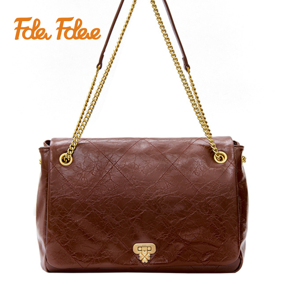 【Folli Follie 芙麗芙麗】時尚 牛皮 菱格皺褶 鏈帶 兩用包 側背包 手提 肩背