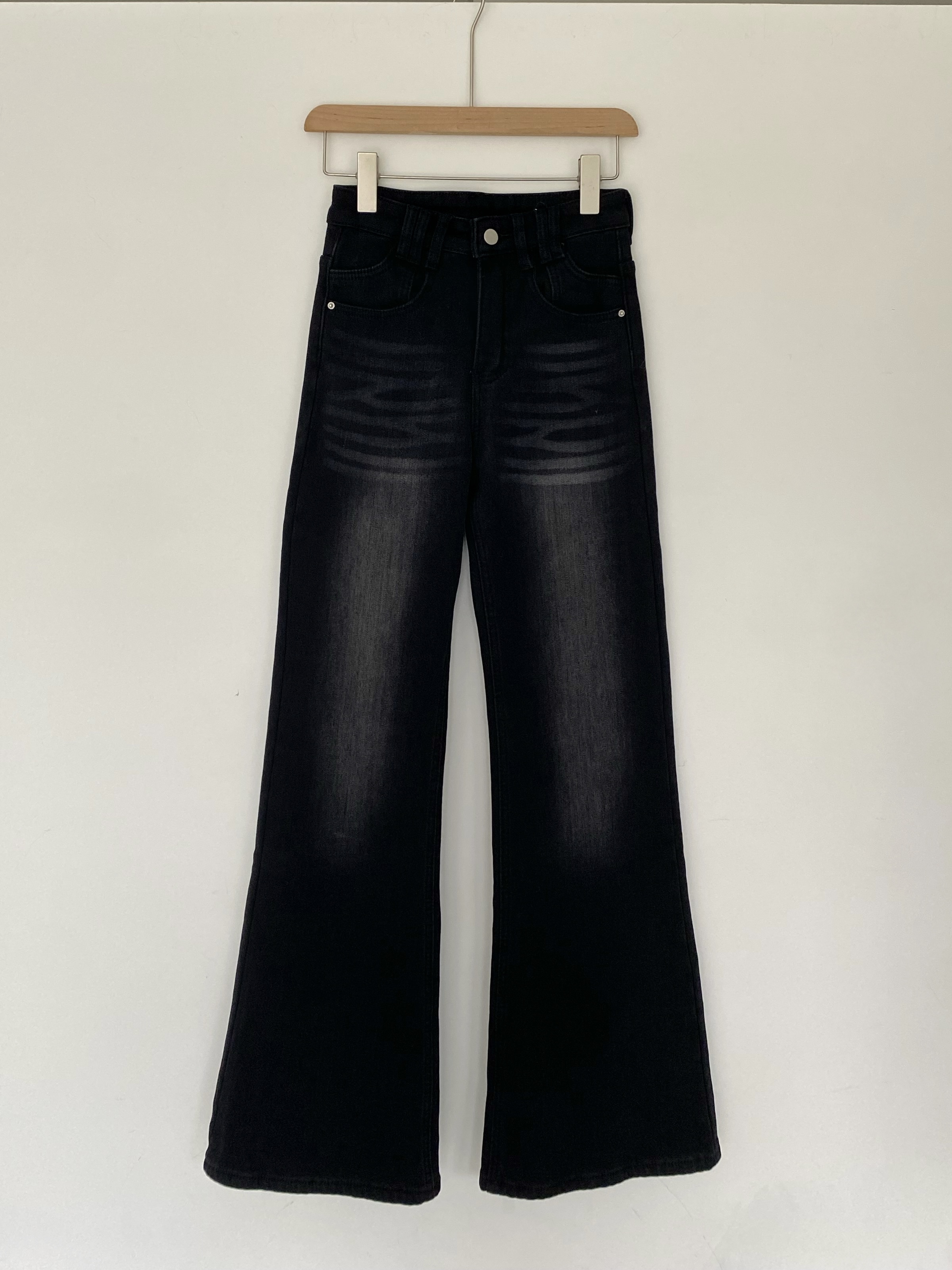 顯瘦高腰刷絨牛仔喇叭褲