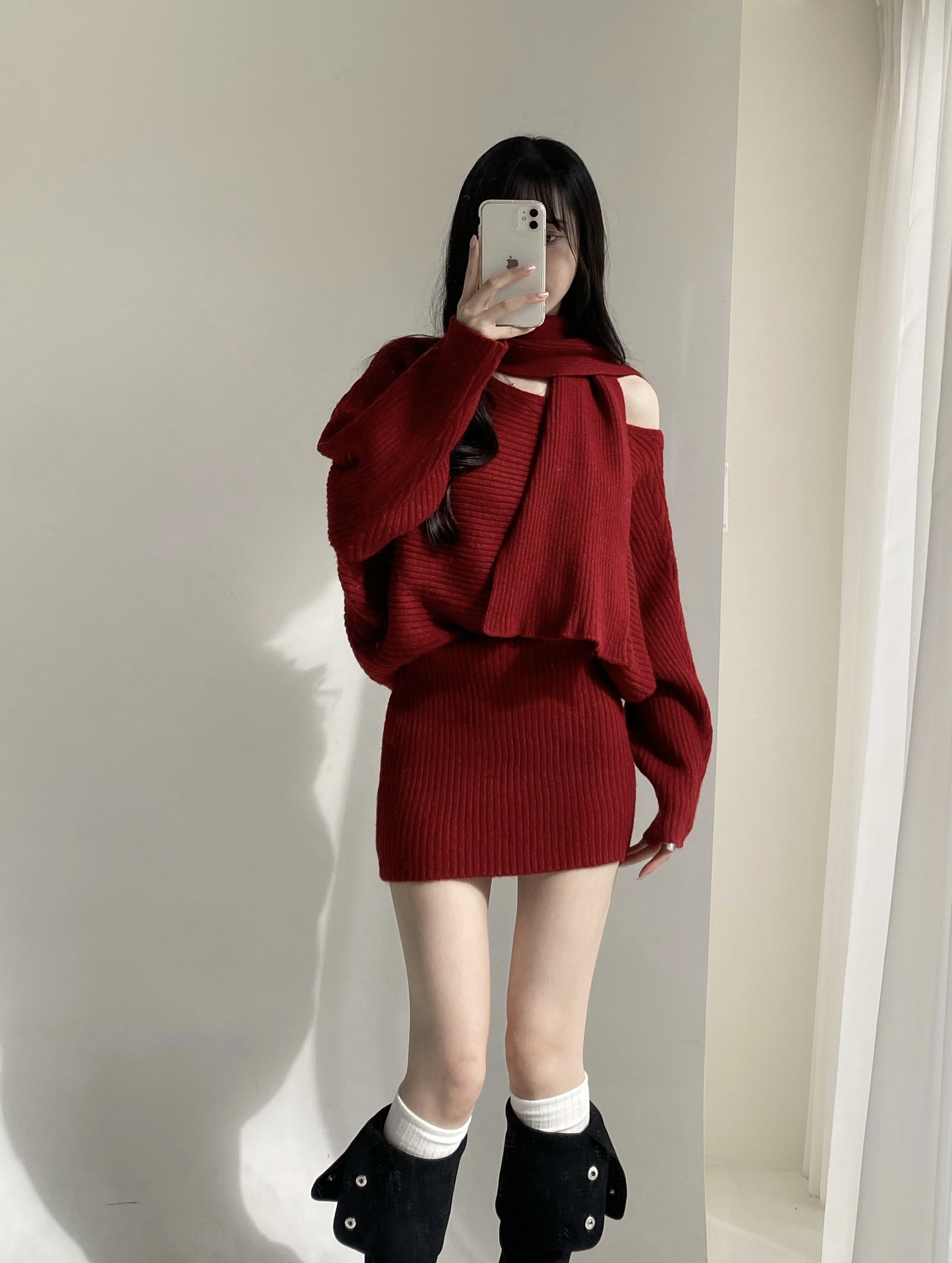 針織圍巾一字領三件式套裝