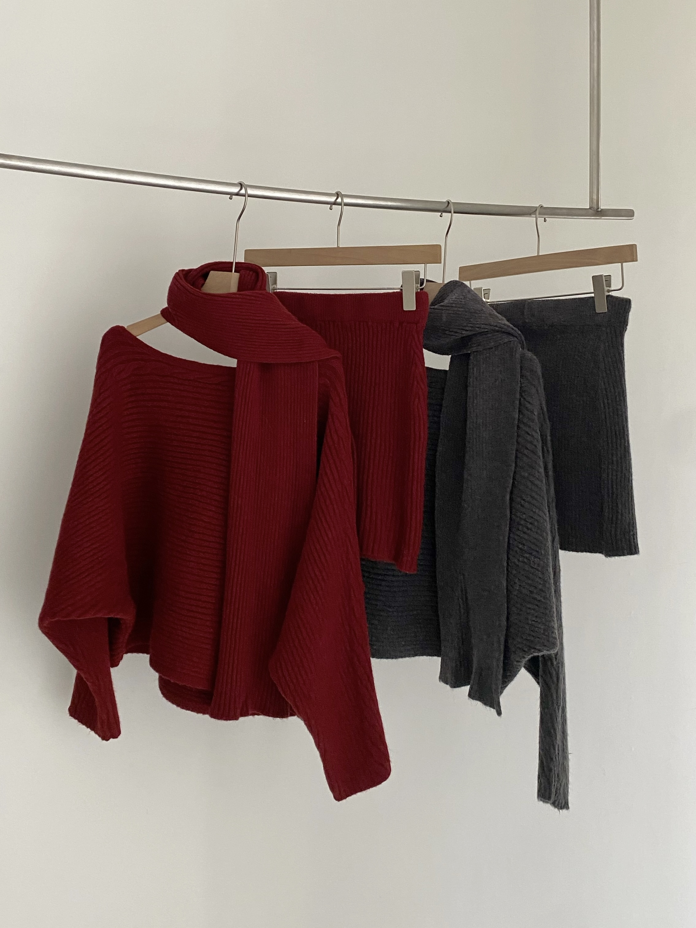 針織圍巾一字領三件式套裝