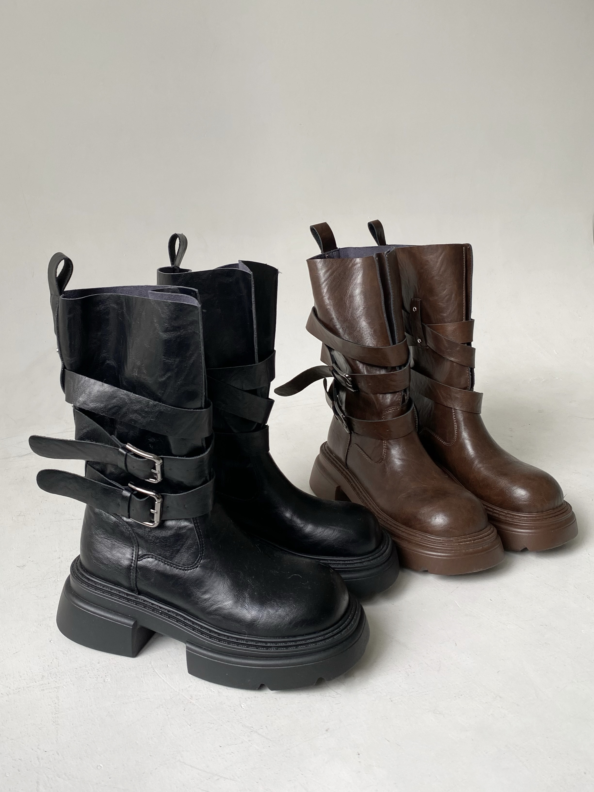 個性繫帶皮革中筒靴