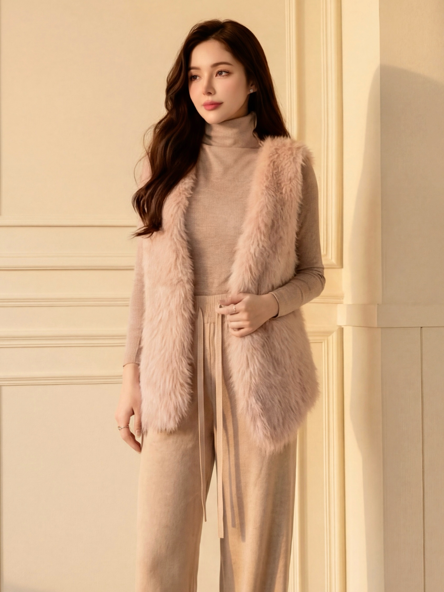 🤍焦糖毛毛背心+高領衣+寬褲三件套（彈性均碼）