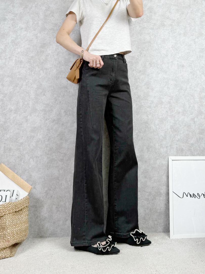 早春碳黑刷色薄料寬褲推薦★前3D修飾車線修飾拉長腿型