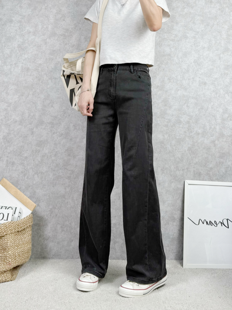 早春碳黑刷色薄料寬褲推薦★前3D修飾車線修飾拉長腿型