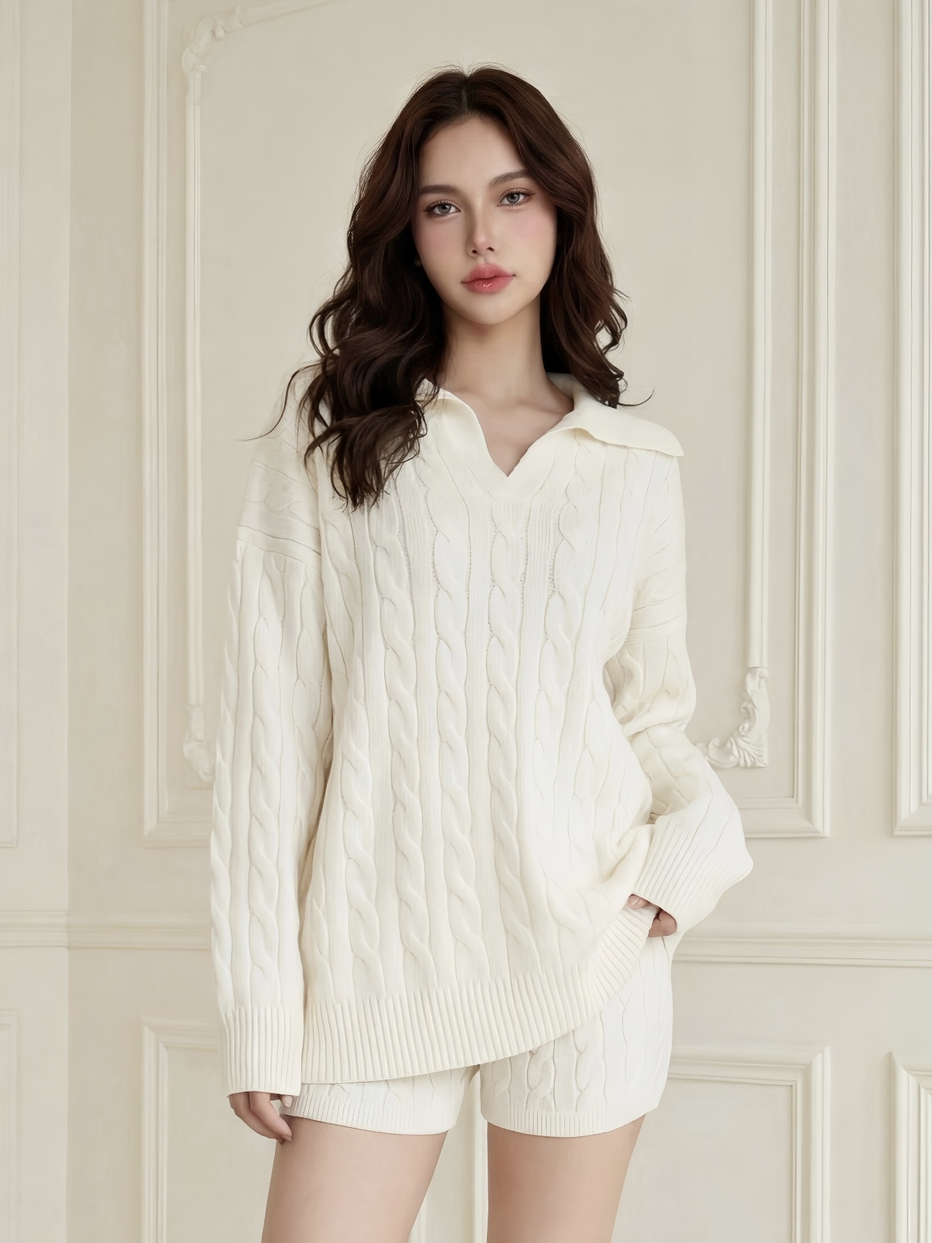 🤍麻花針織長上衣+短褲兩件式（3色均碼）