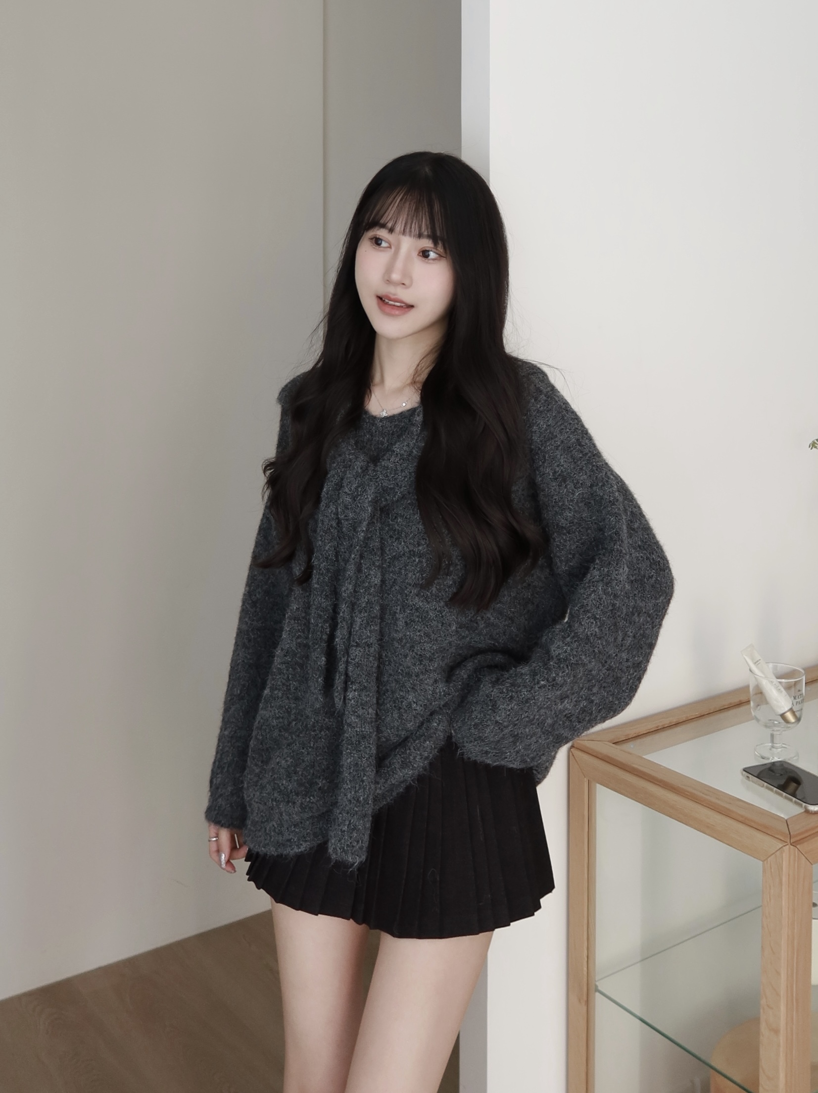 寬鬆V領披肩兩件式毛衣