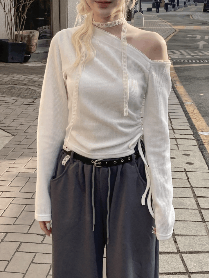 斜領口蕾絲頸帶Top Set〈🇰🇷DAY 3〉