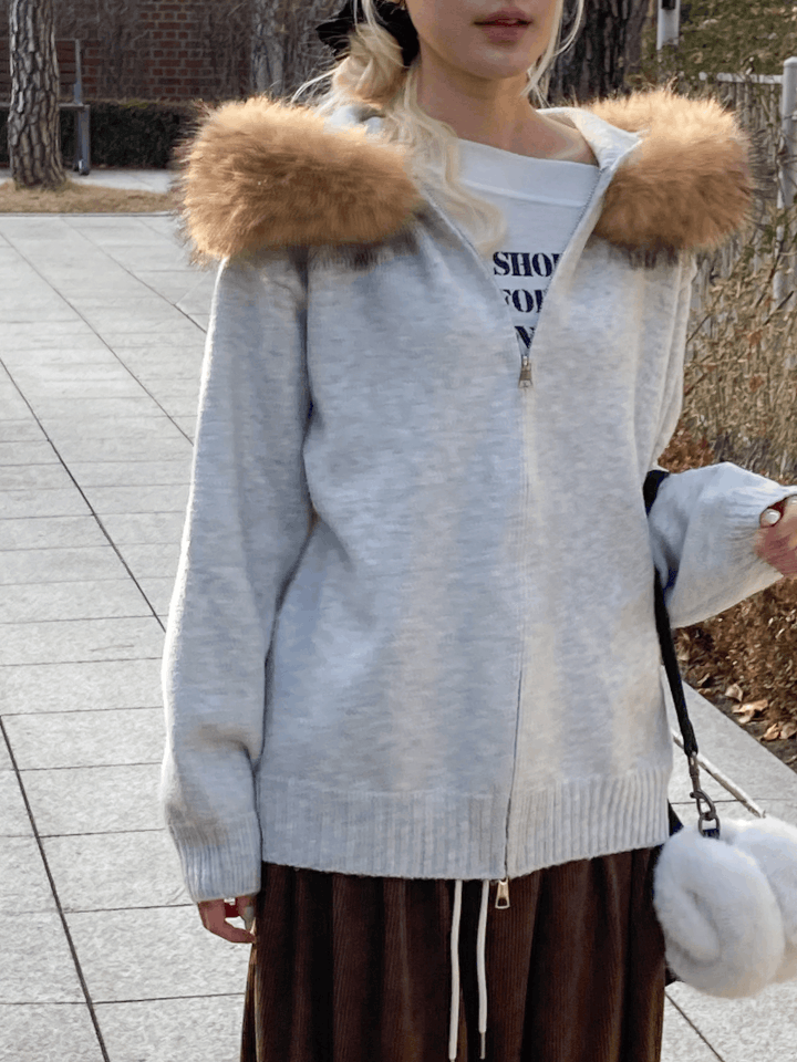 可拆式毛毛帽雙拉鍊針織外套〈🇰🇷DAY 3〉