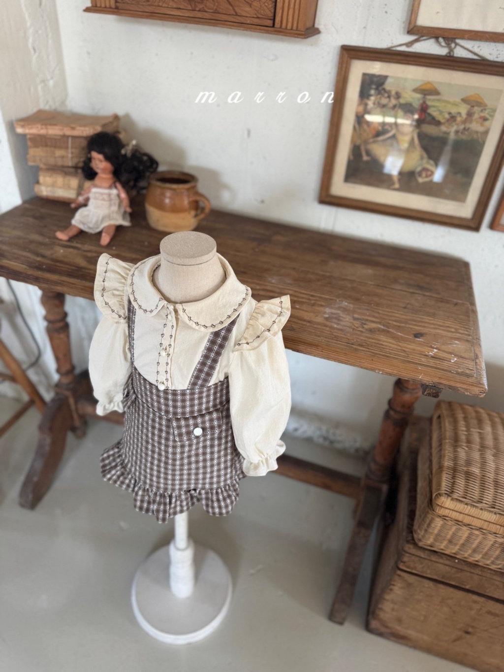 正韓春Marron 小童格紋吊帶裙