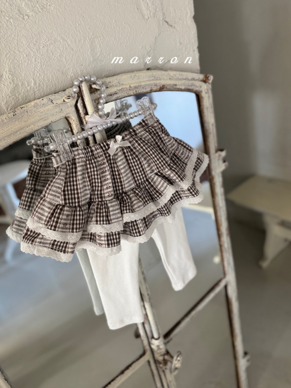 正韓春Marron 小童假兩件格紋褲裙