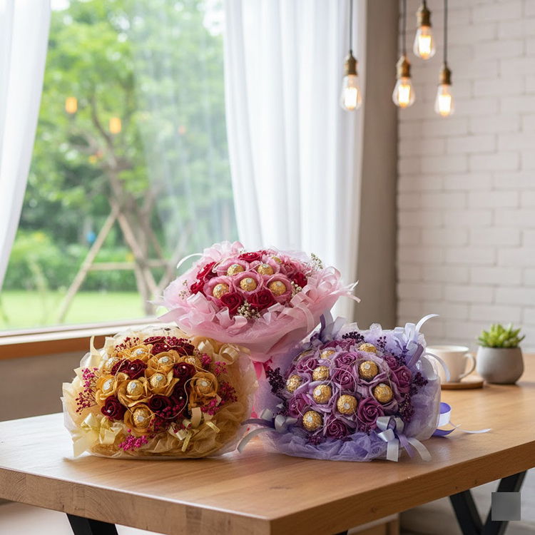 粉色紫色金色金莎巧克力香皂花花束,情人節推薦花束