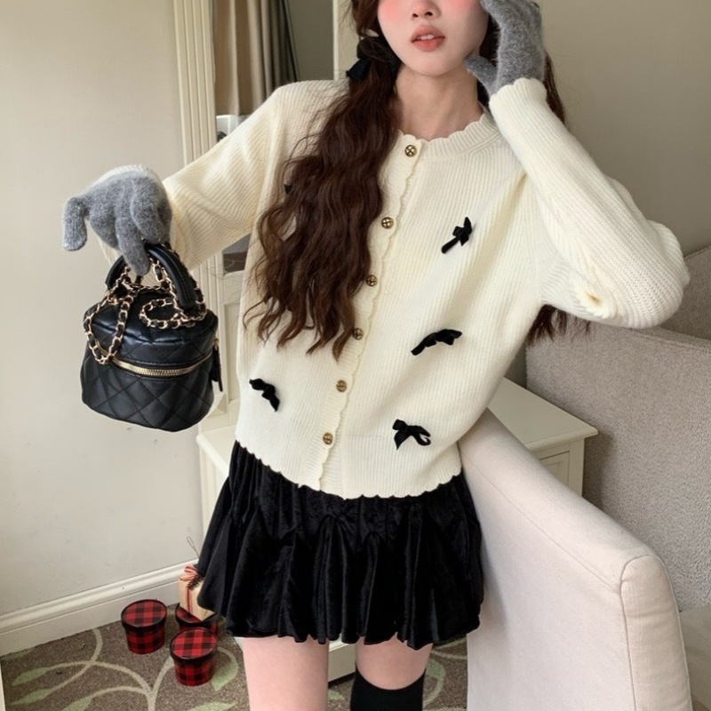 Autumn Winter Elegant Bow Round-Neck Knit Cardigan