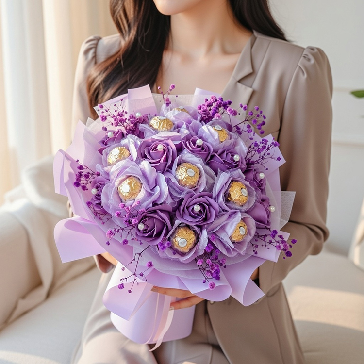 紫色金莎玫瑰香皂滿天星花束