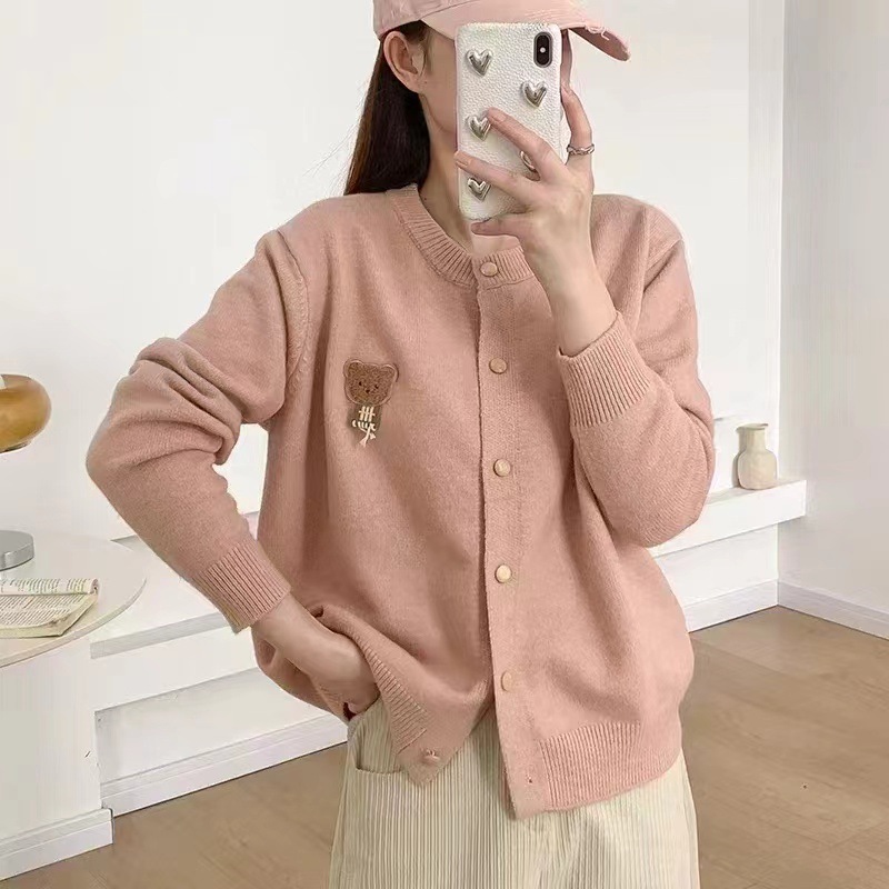 Cute Bear Loose-Fit Round-Neck Knit Cardigan