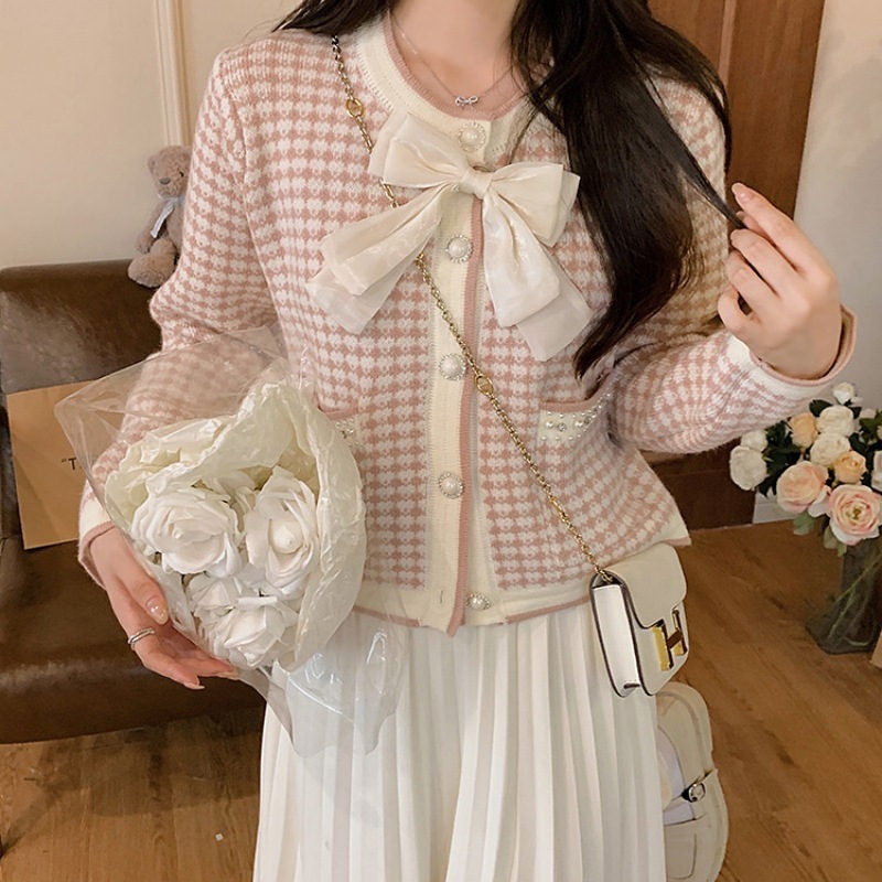Korean Plaid Bow Chic Knit Cardigan