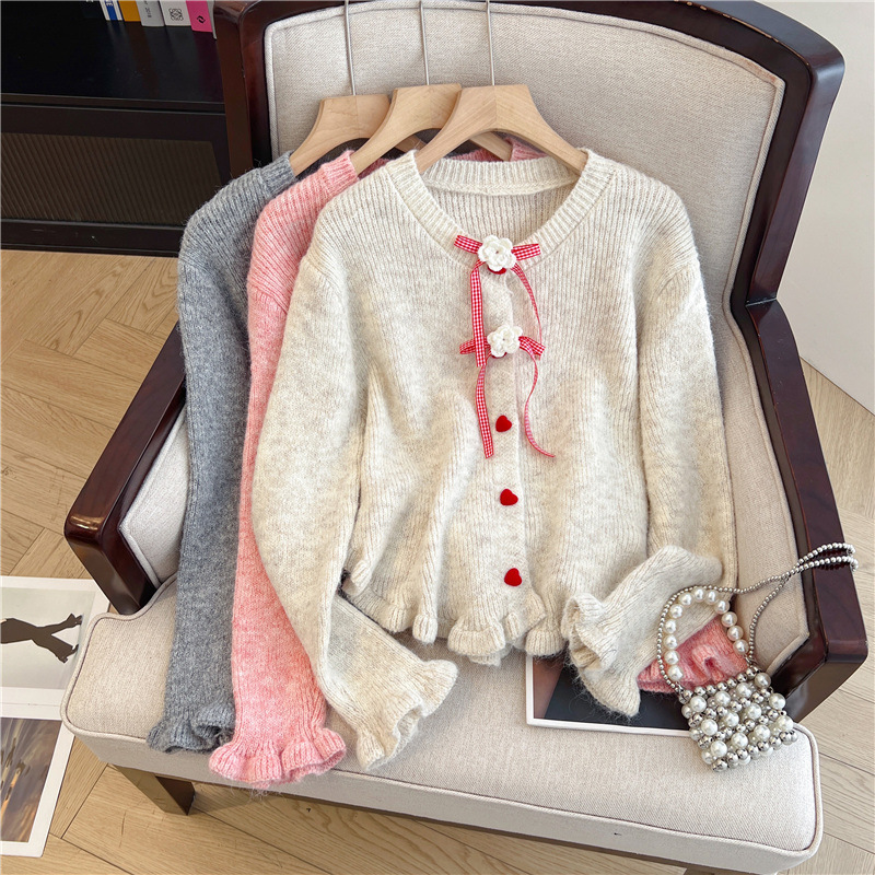 Sweet Bow Ruffle Trim Heart Button Knit Cardigan