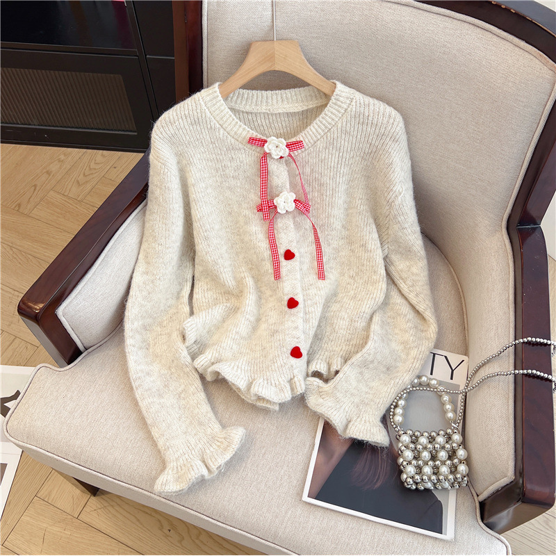 Sweet Bow Ruffle Trim Heart Button Knit Cardigan
