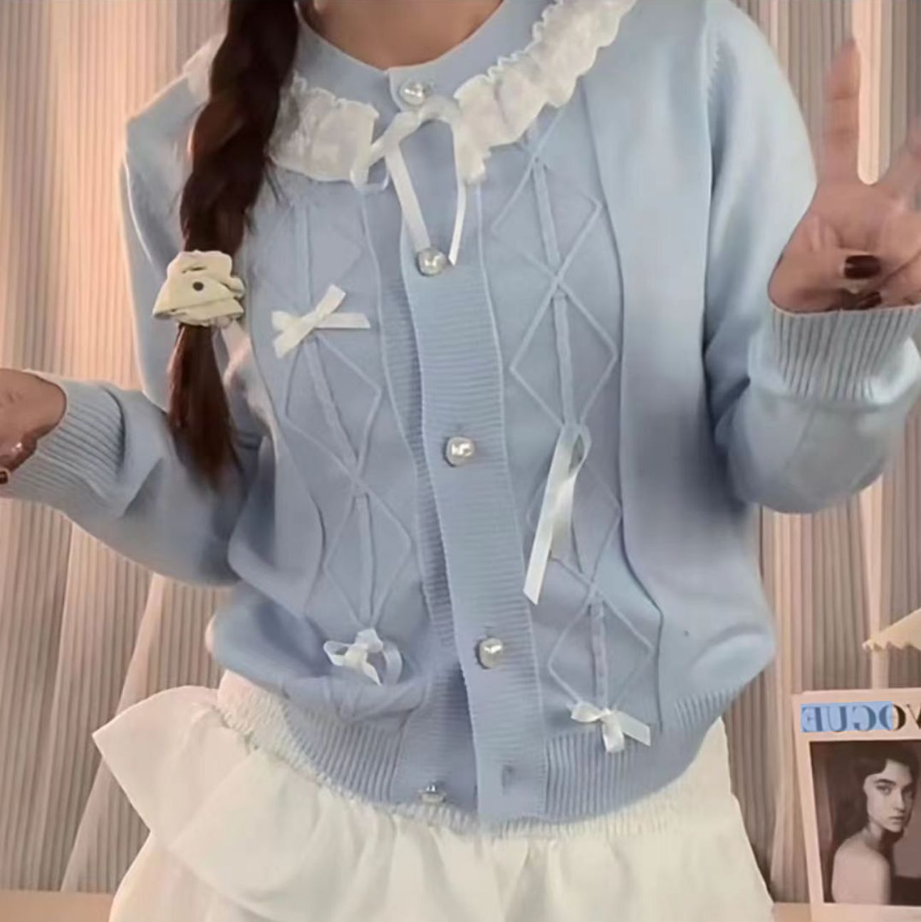 Korean Bow Lace-Trim Patchwork Knit Cardigan