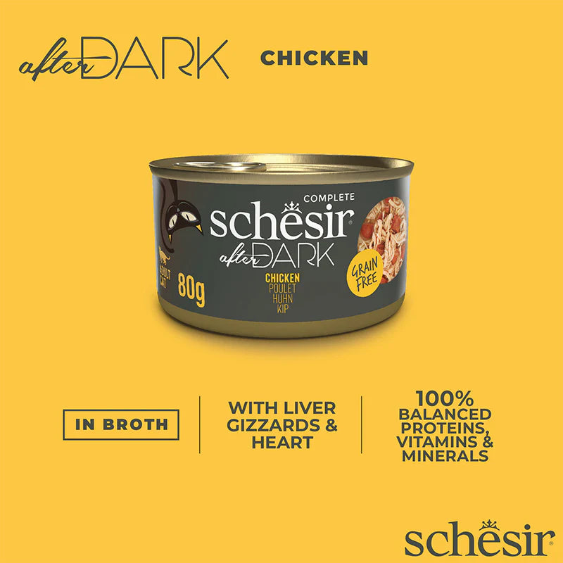 Schesir - After Dark系列 - 雞肉配方無穀肉絲主食罐 80g (每24罐@$14.5, 48罐@$14可混其他同價Schesir罐)