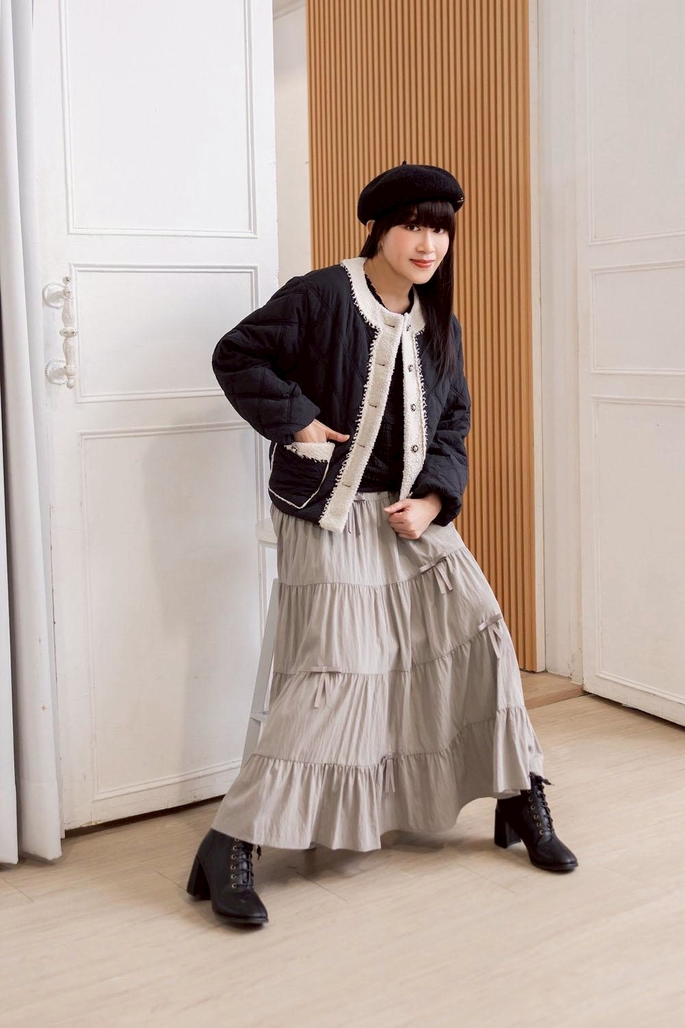 韓版時尚小香風拼接珍珠棉修身短版舖棉外套X6651