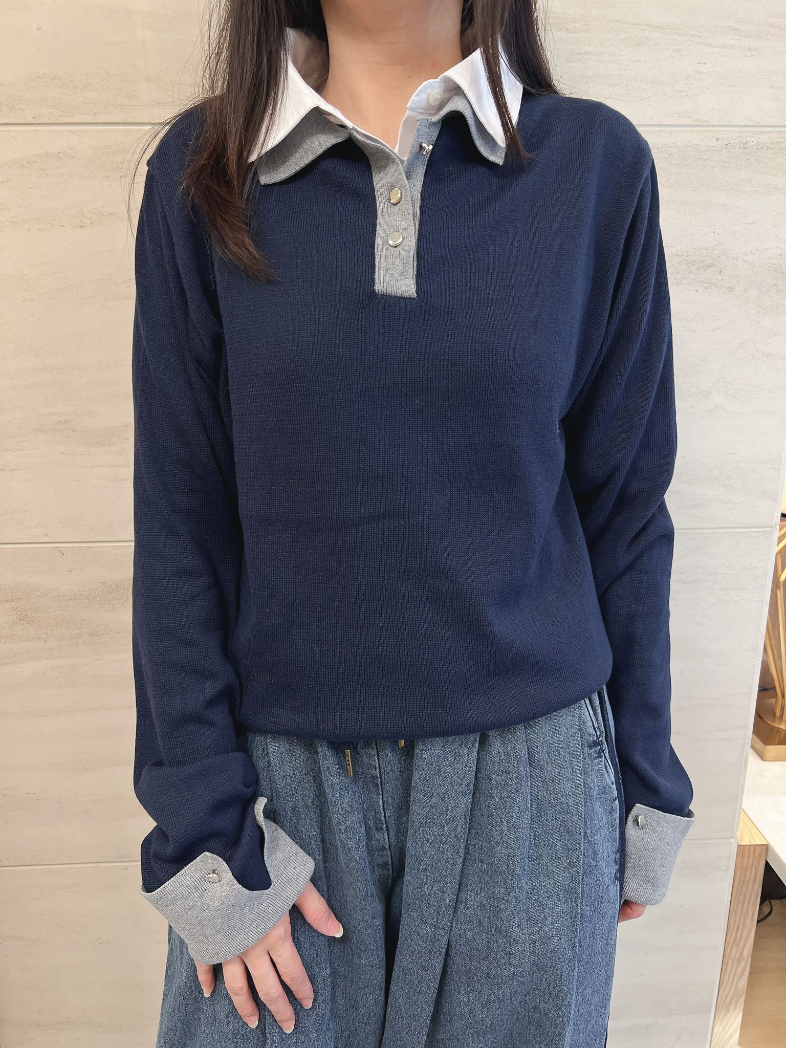 MB Knit Top, Long Sleeve Pullover, Layered Look, Double Collar