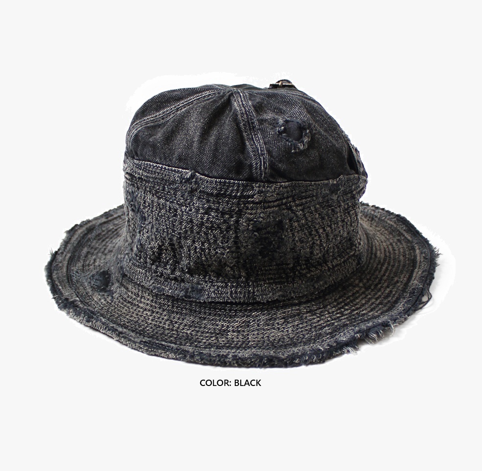 KAPITAL 11.5oz Black x Black Denim Old Man and the Sea Hat (Distressed Remake) - PRE ORDER ITEM (預訂中)