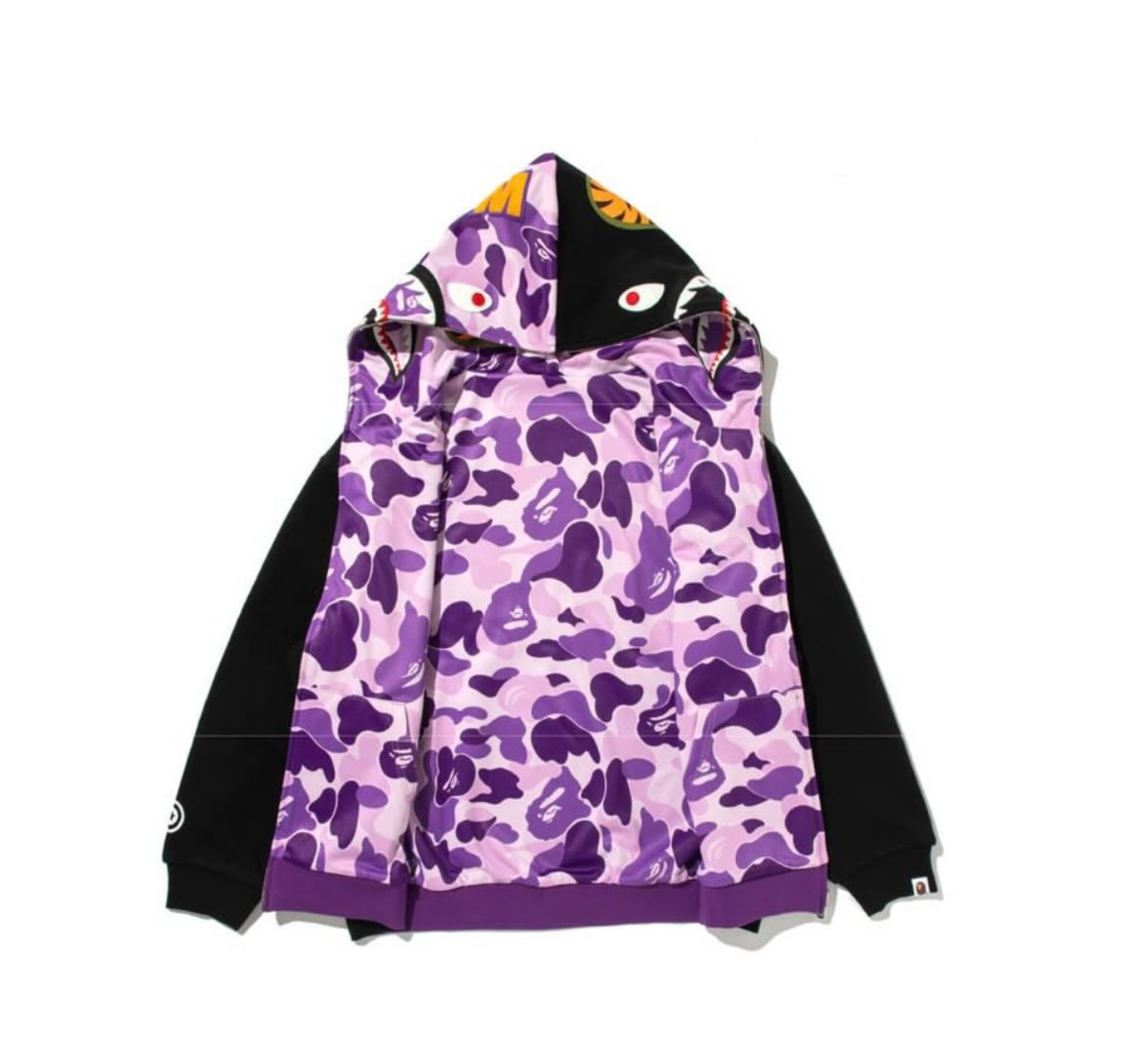 -(B2b04)-A BATHING APE BAPE SHARK FULL ZIP TAIPEI HOODIE RELAXED FIT 19TH 台北19週年 限定 鯊魚外套 寬短版型 雙面穿 紫迷彩-001ZPM221301M