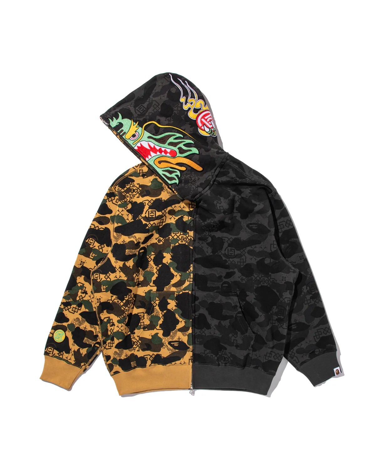 -(B7c03)-BAPE X CLOT CAMO SPLIT SHARK RELAXED FIT FULL ZIP HOODIE 聯名 凝結集團 陳冠希 龍 鯊魚外套 拼接-0ZXSWM917151P
